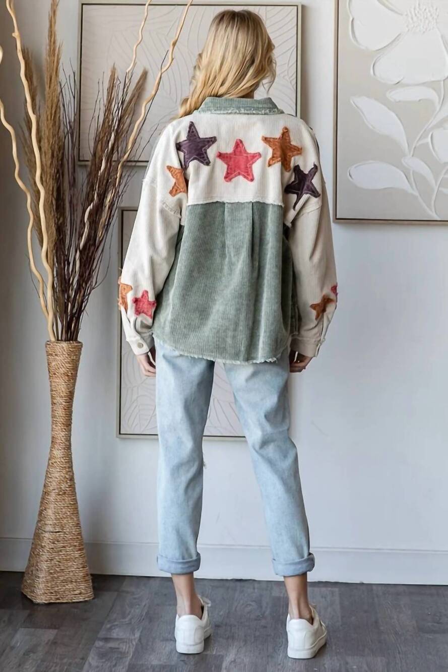 NEW OLI & HALI washed star patch corduroy shacket in sage - Picture 3 of 4